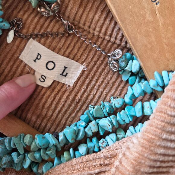 POL Cropped Corduroy Jacket Size S Tan Raw Hem Trucker Long Sleeve Festival - Picture 8 of 10